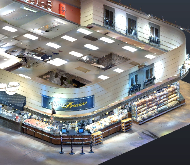 3D view of a modern market space featuring a bakery display, signage, and overhead lighting, with an open ceiling design.